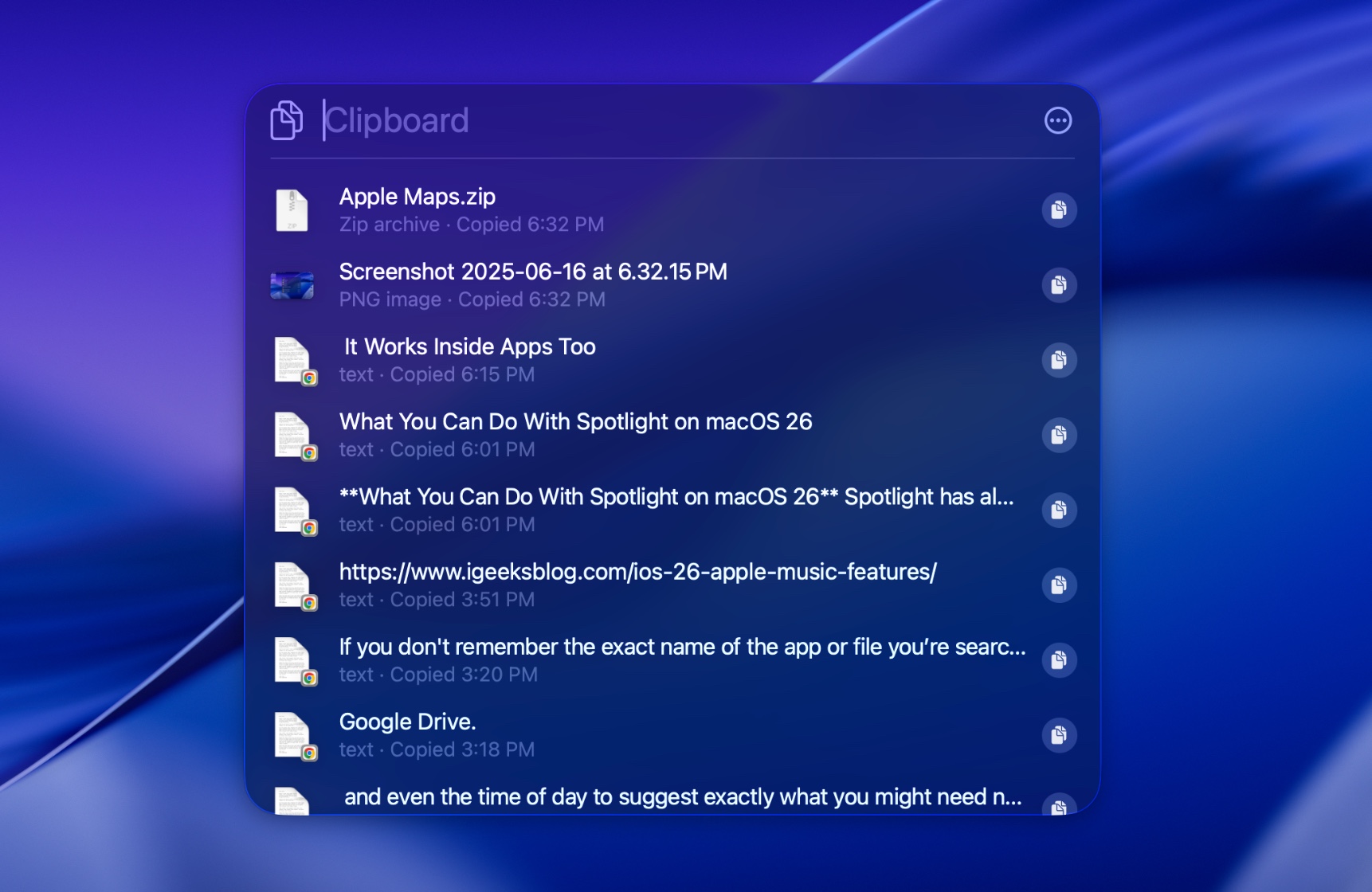 Clipboard history in spotlight on macOS 26