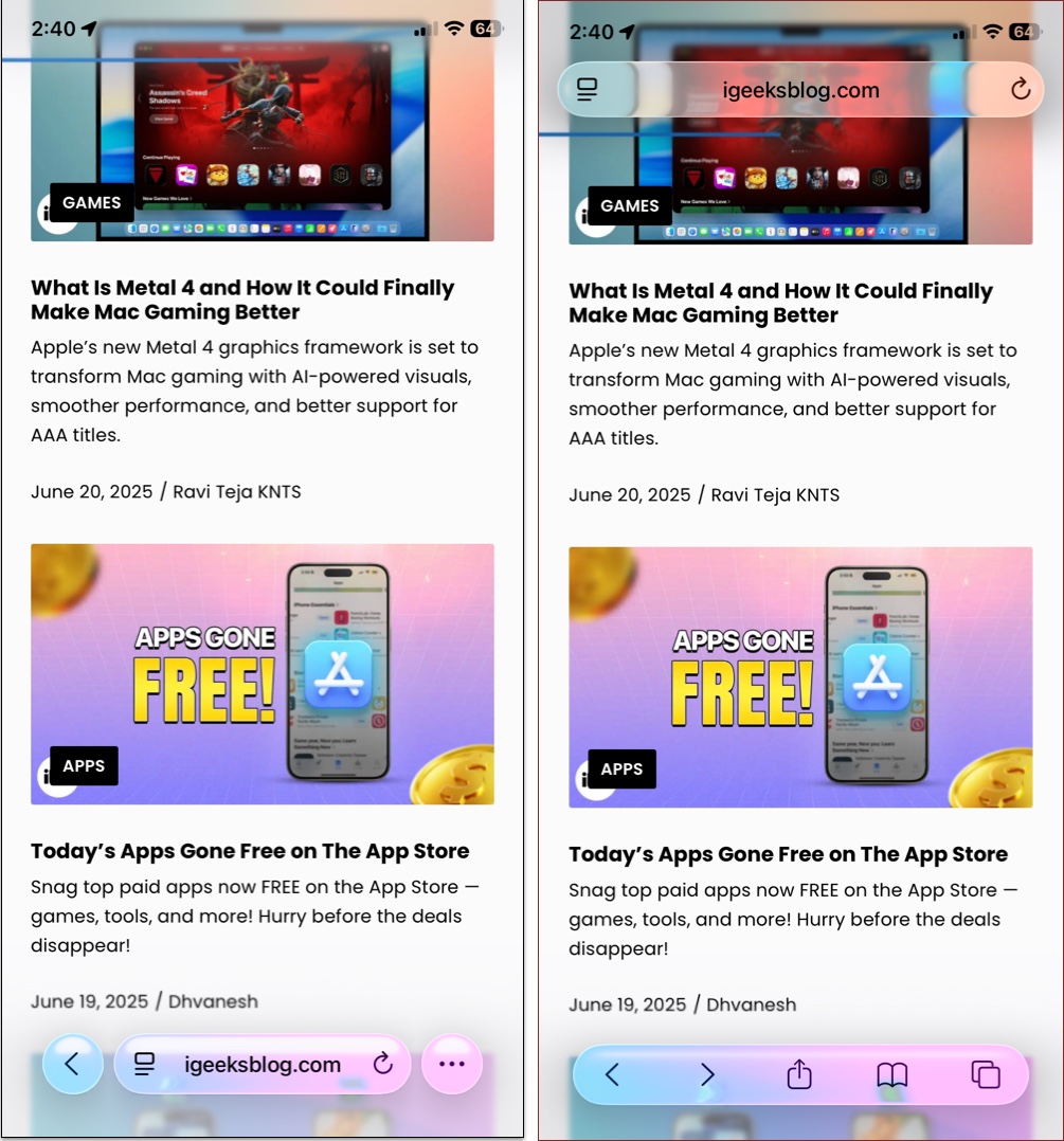 Compact layout style on safari in iOS 26