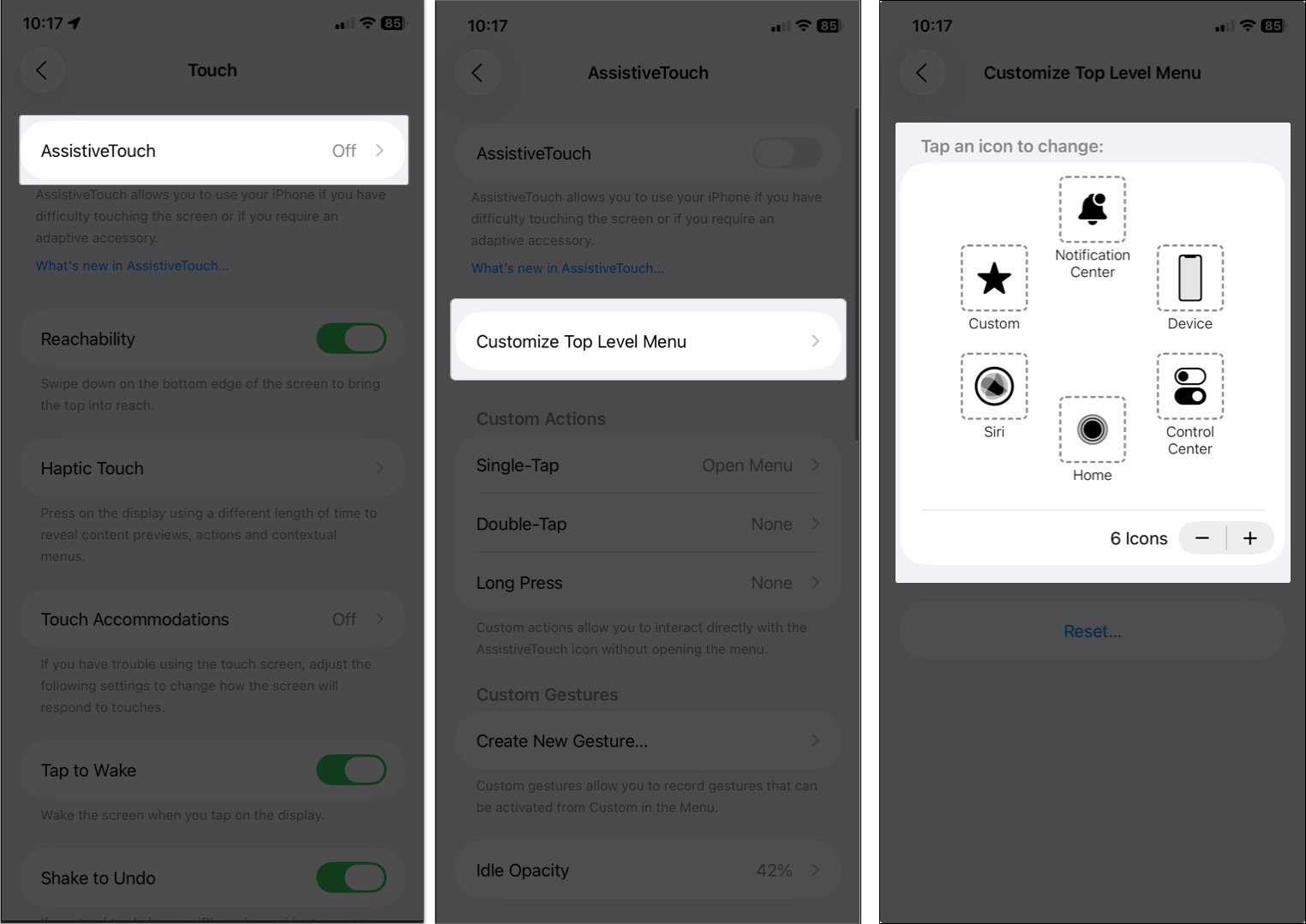 Customize top level menu in assistive touch on iPhone or iPad