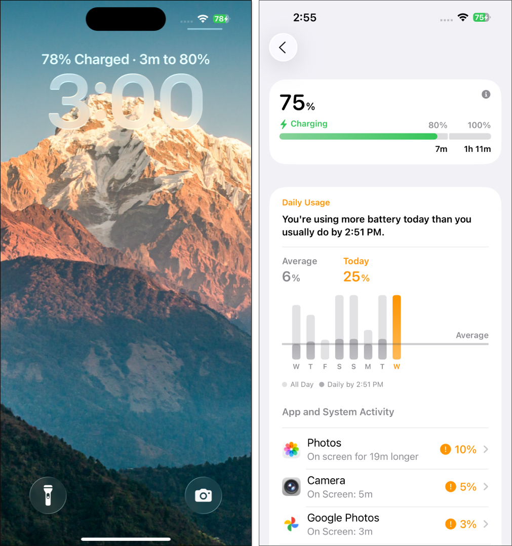 Find charging status on lock screen and full charging status in the settings on iPhone