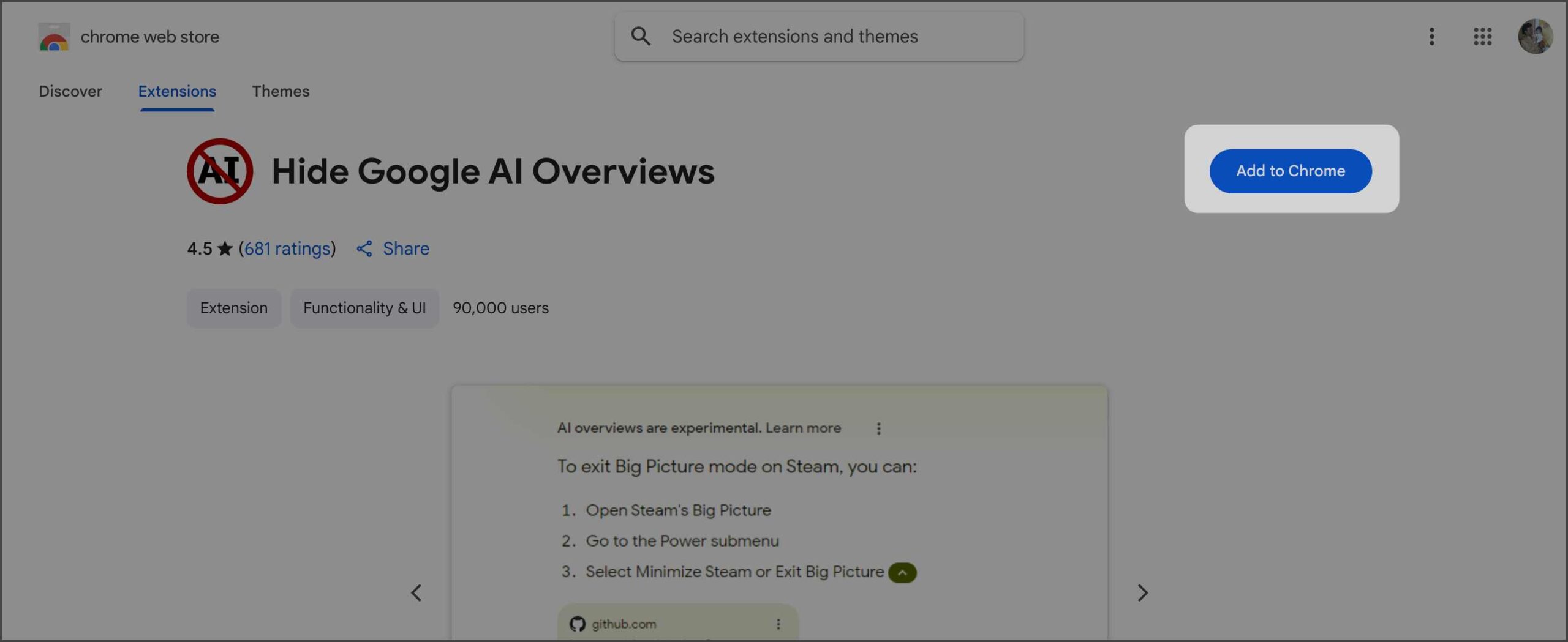 Install Hide Google AI Overviews Chrome extension