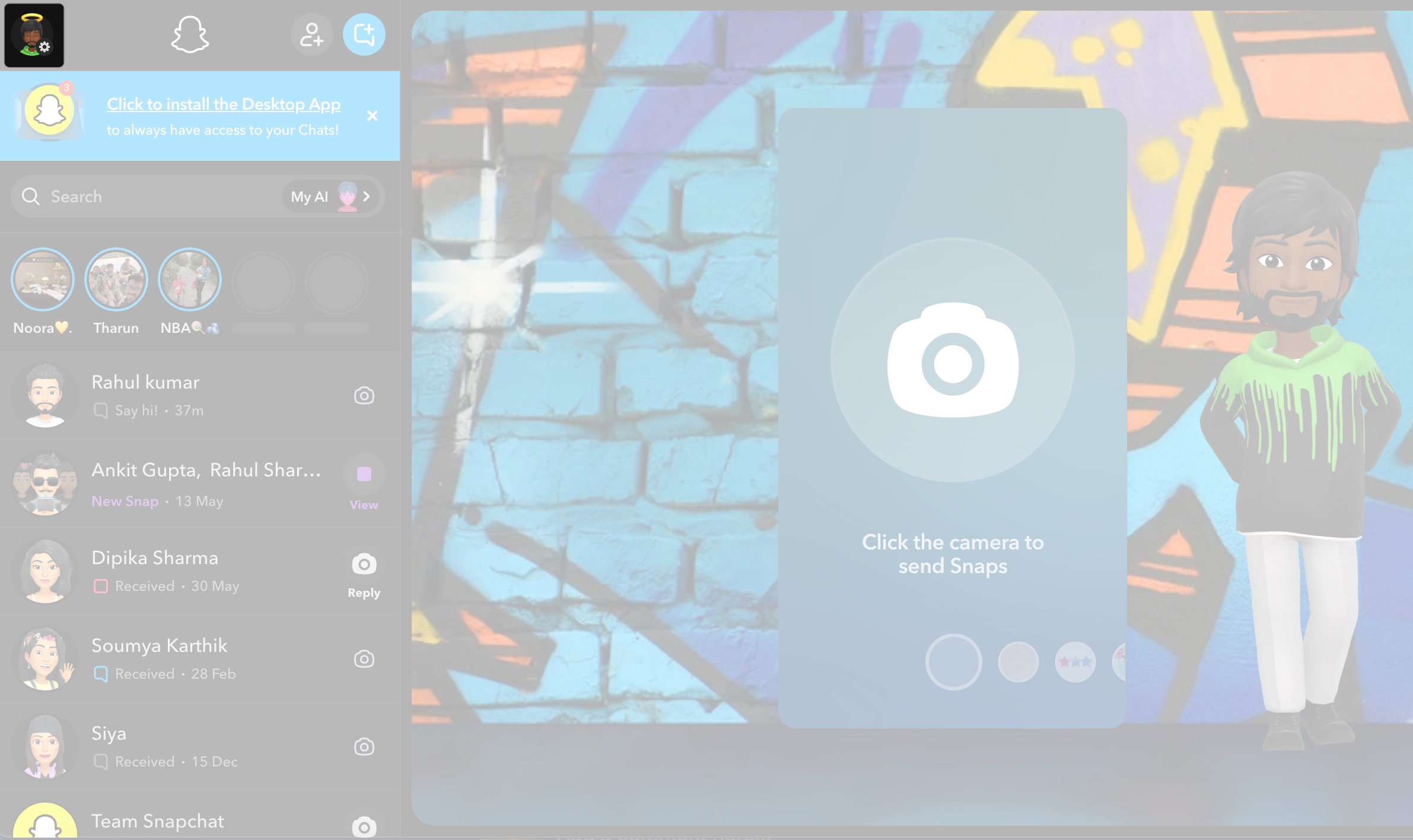 Log in snapchat click bitmoji in top left on web