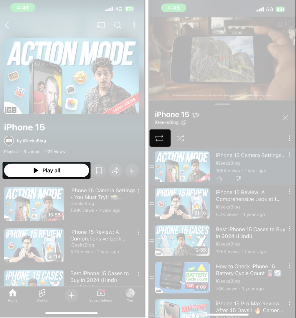 Loop the YouTube playlist on iOS or Android