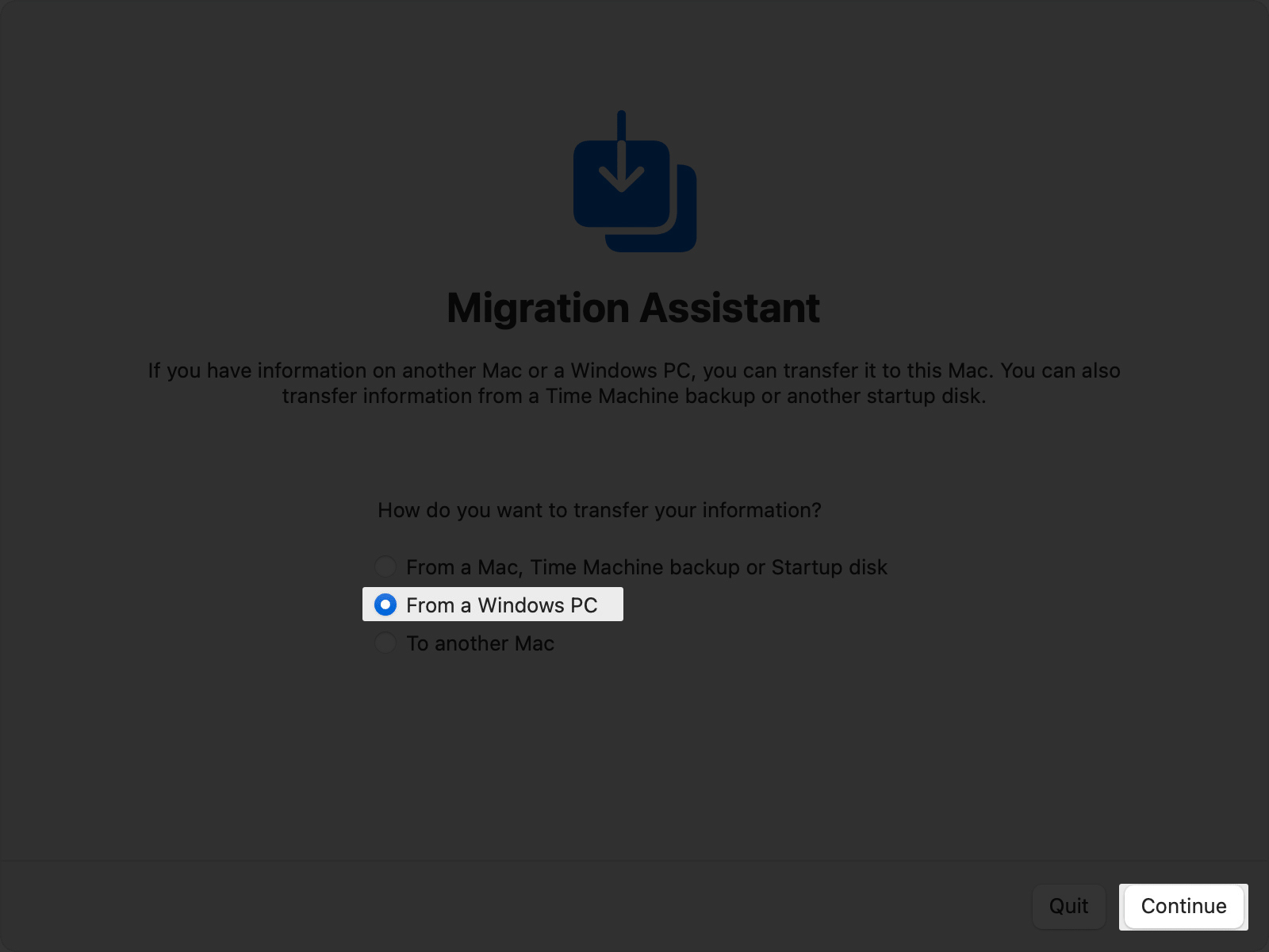 MacOS Monterey migration assistant transfer from the pc