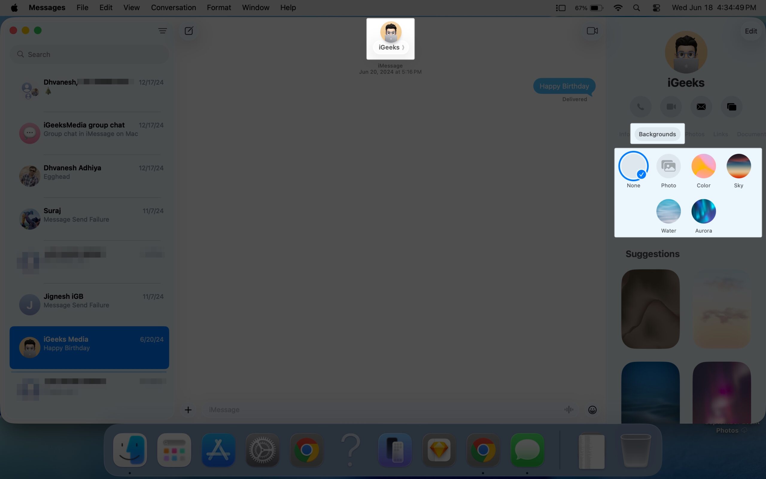 Select backgrounds on group name in iMessage on Mac