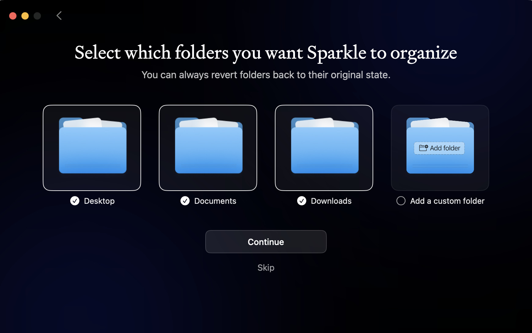 Select folders want to Organize and choose plan in Sparkle on Mac