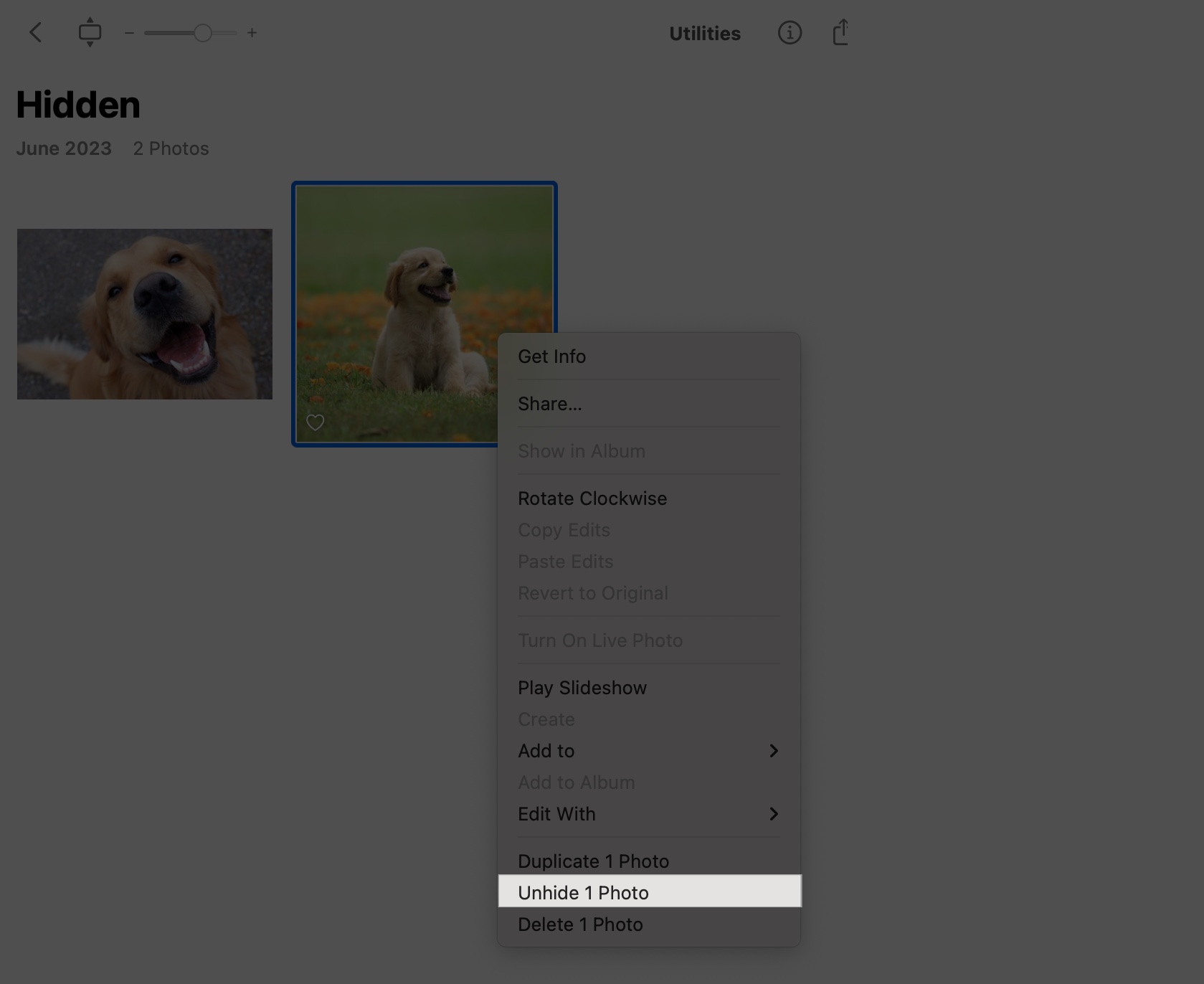 Select photo or video and click Unhide one photo on Mac
