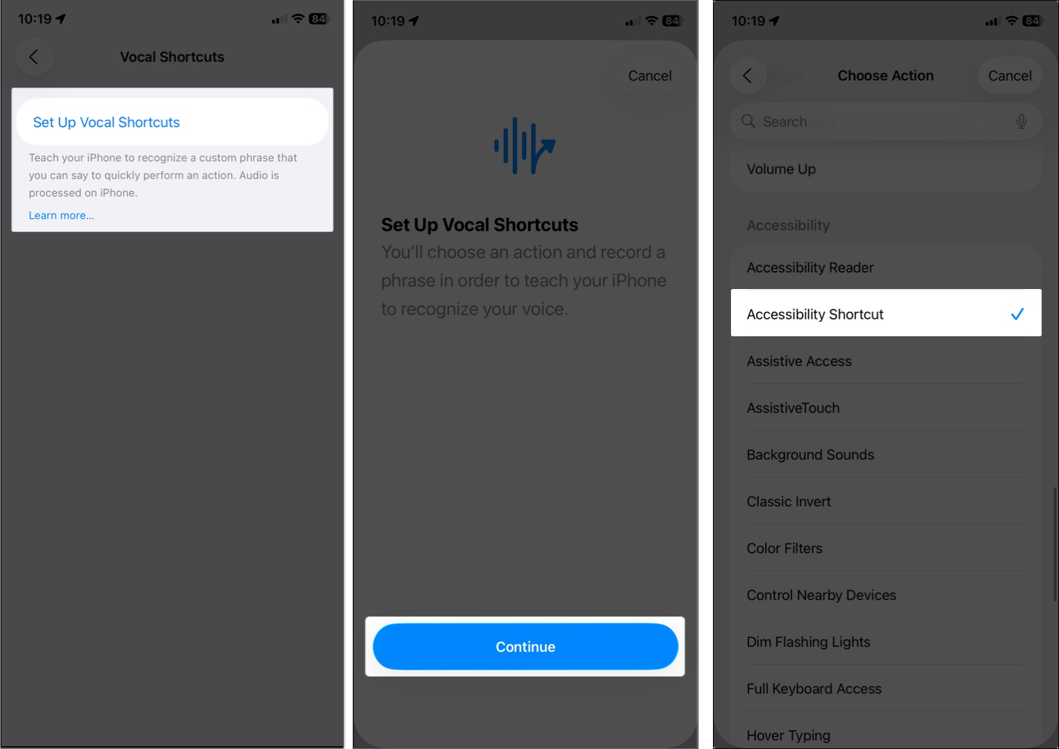 Setup vocal accessibility shortcuts in iPhone or iPad
