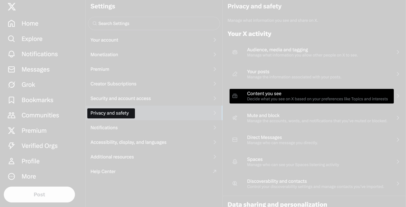 Tap on content you see option in privacy and safety settings on Mac