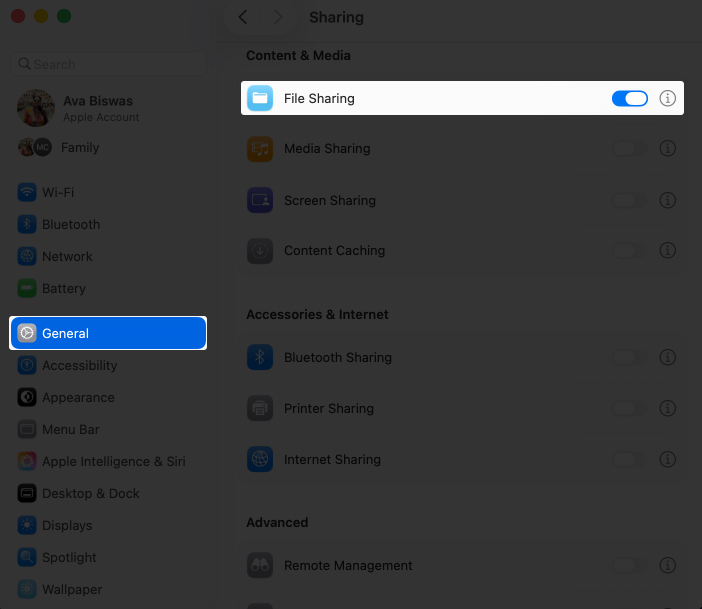 Toggle on file sharing in system settings