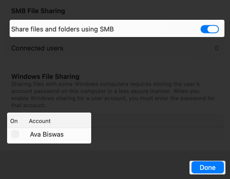 Toggle on share files and folders using smb