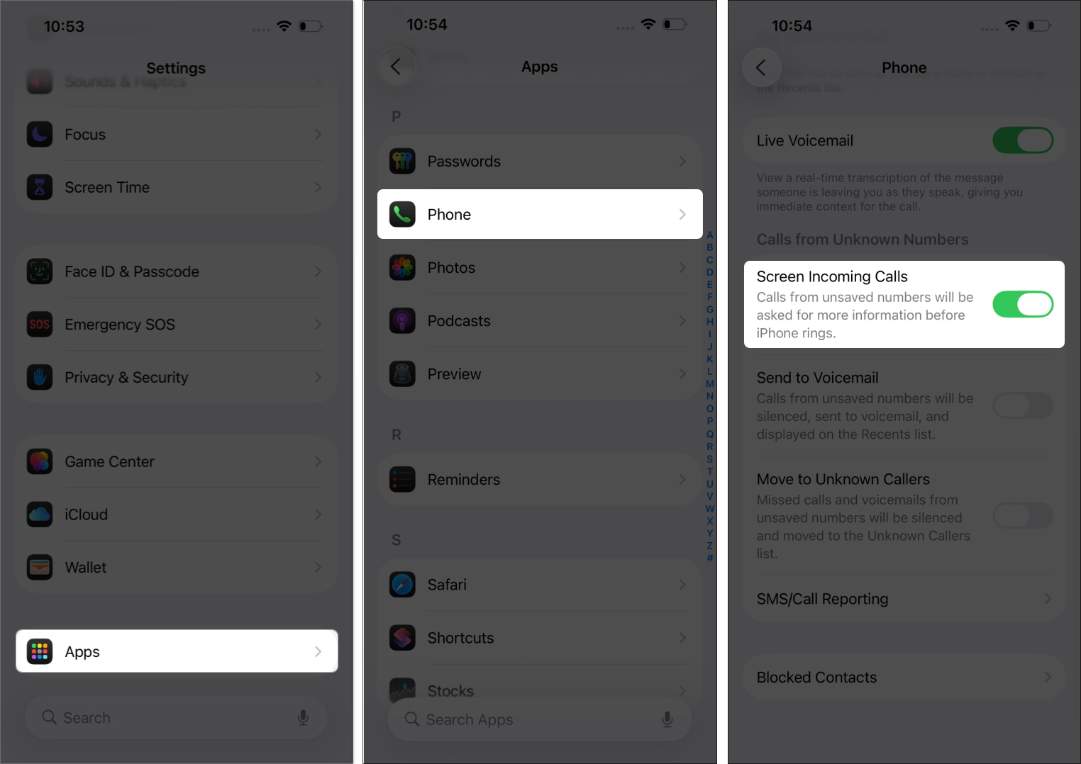 Toggling call screening in settings on iPhone