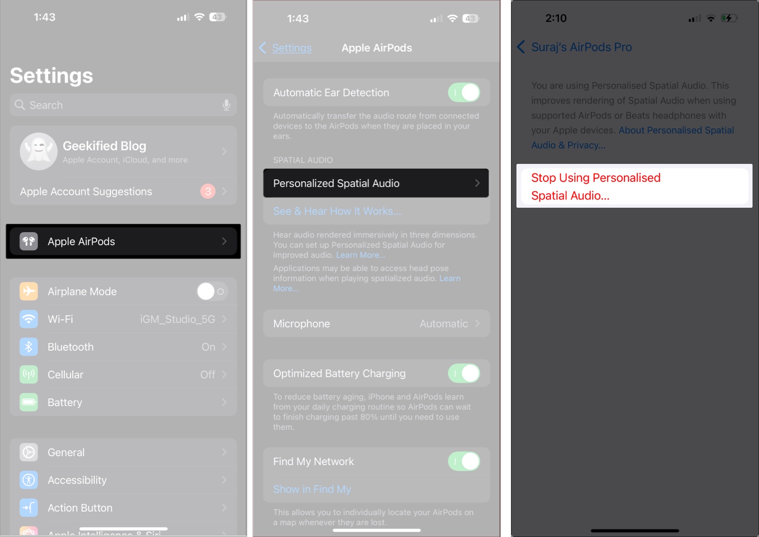 Turn off head tracked spatial audio of AirPods