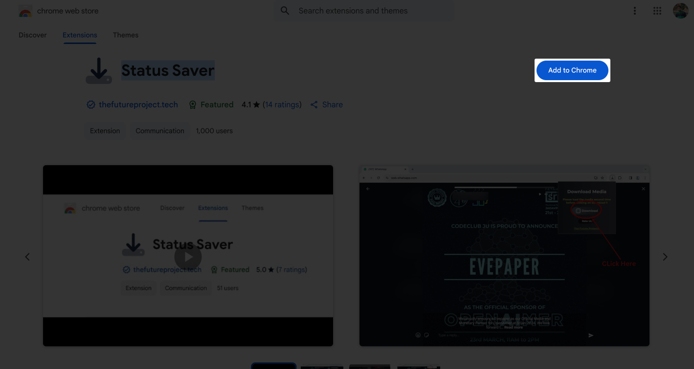 Add ststus saver extension from Google Chrome