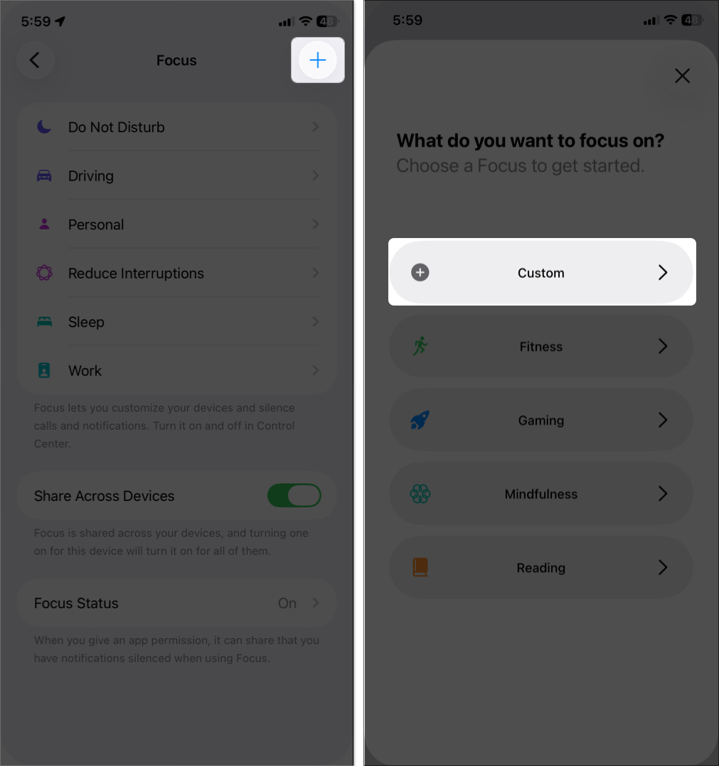 Choose custom option in focus mode settings