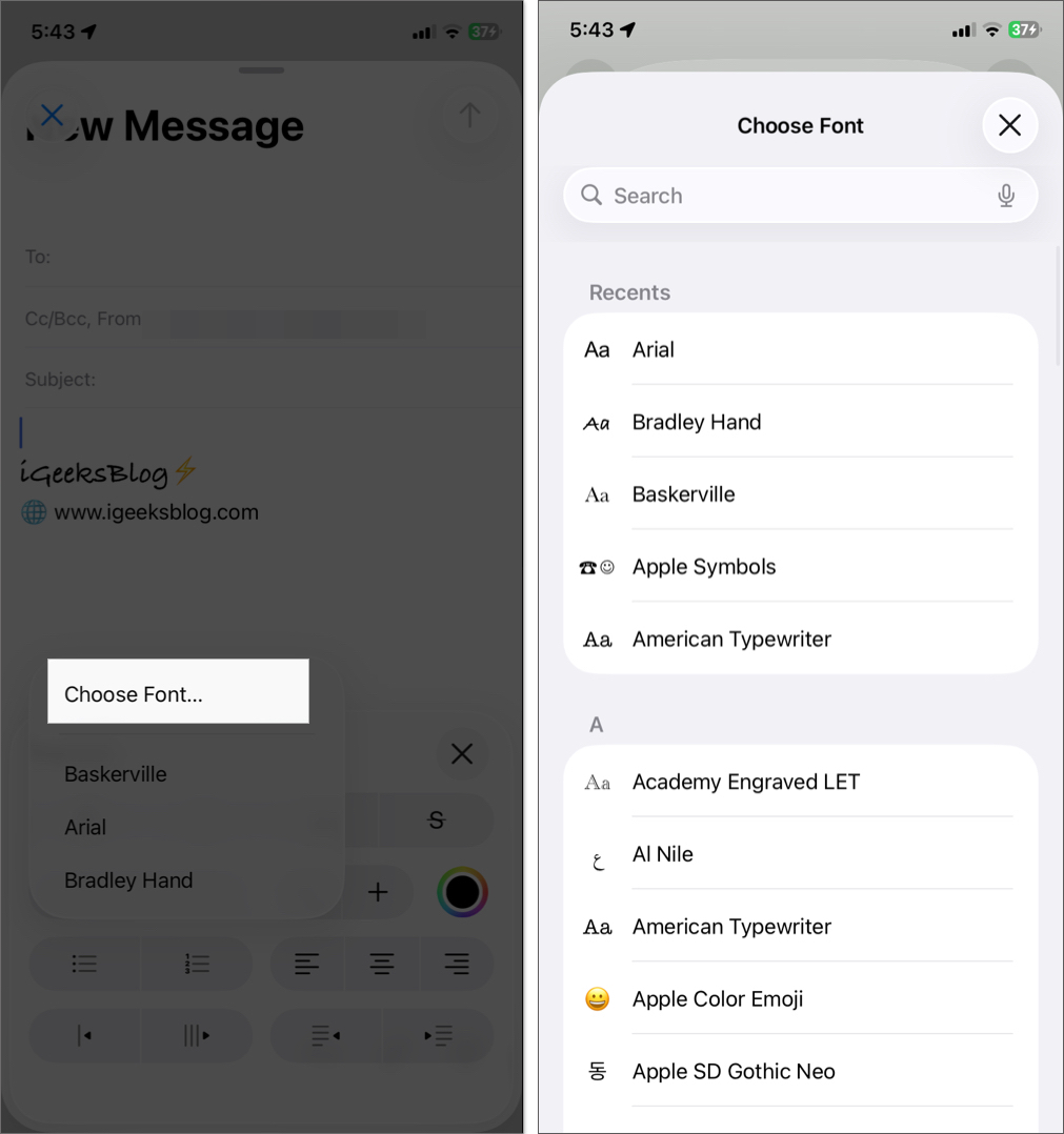 Choose font from list