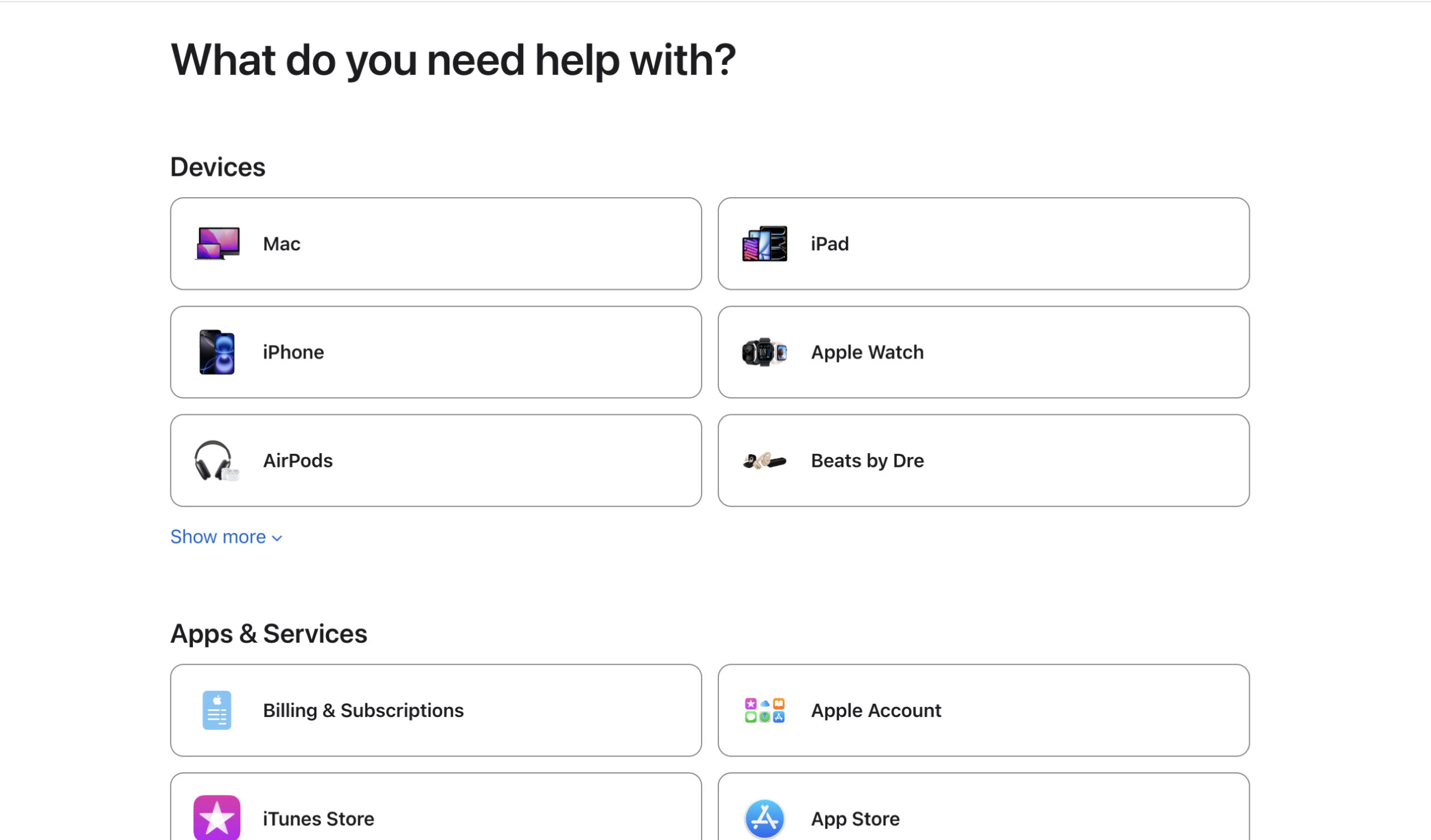 Choose product from Apple support website