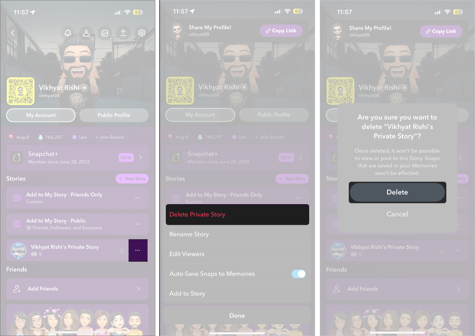Delete private story on Snapchat