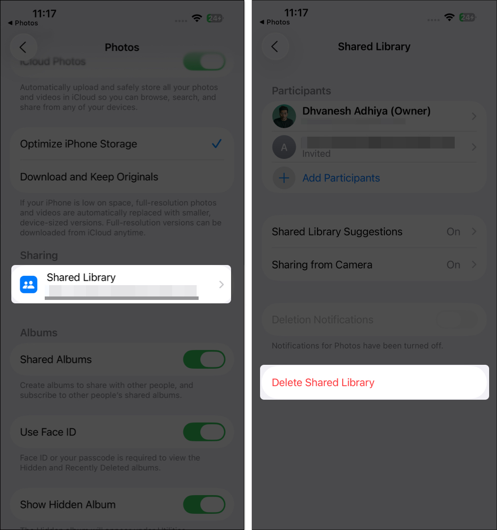 Delete shared library on the iPhone settings