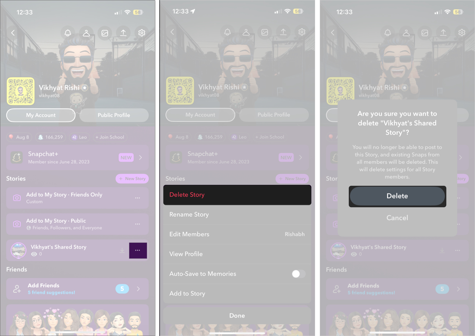 Delete snap from shared story on Snapchat