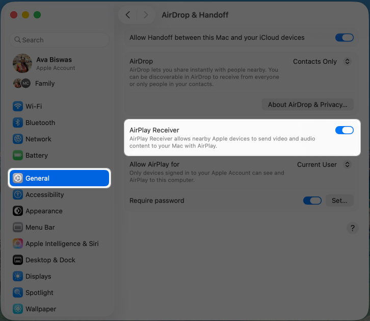 Enable airplay receiver in airdrop and handoff settings on Mac