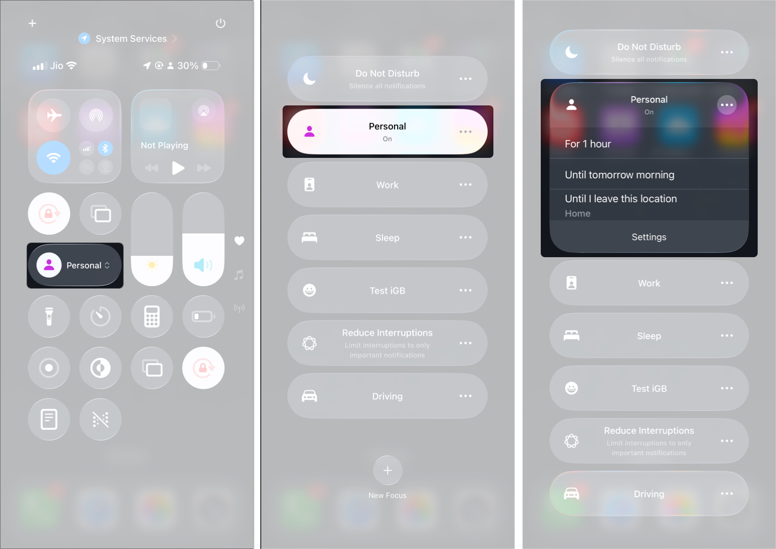 Enable and disable focus mode from control center