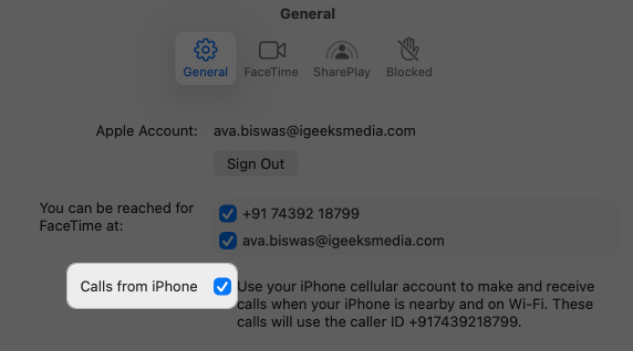 Enable calls from iPhone from Mac settings