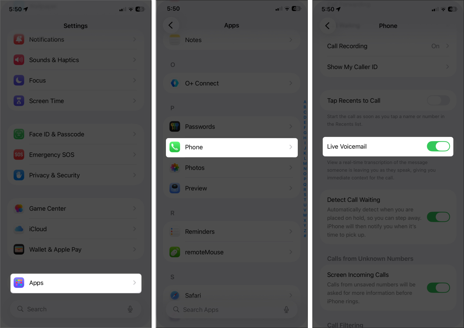 Enable live voicemail in iPhone settings