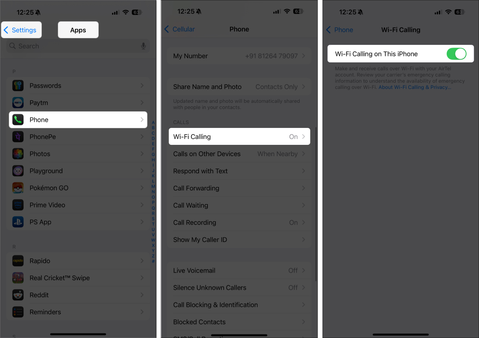 Enable wifi calling in settings on iPhone