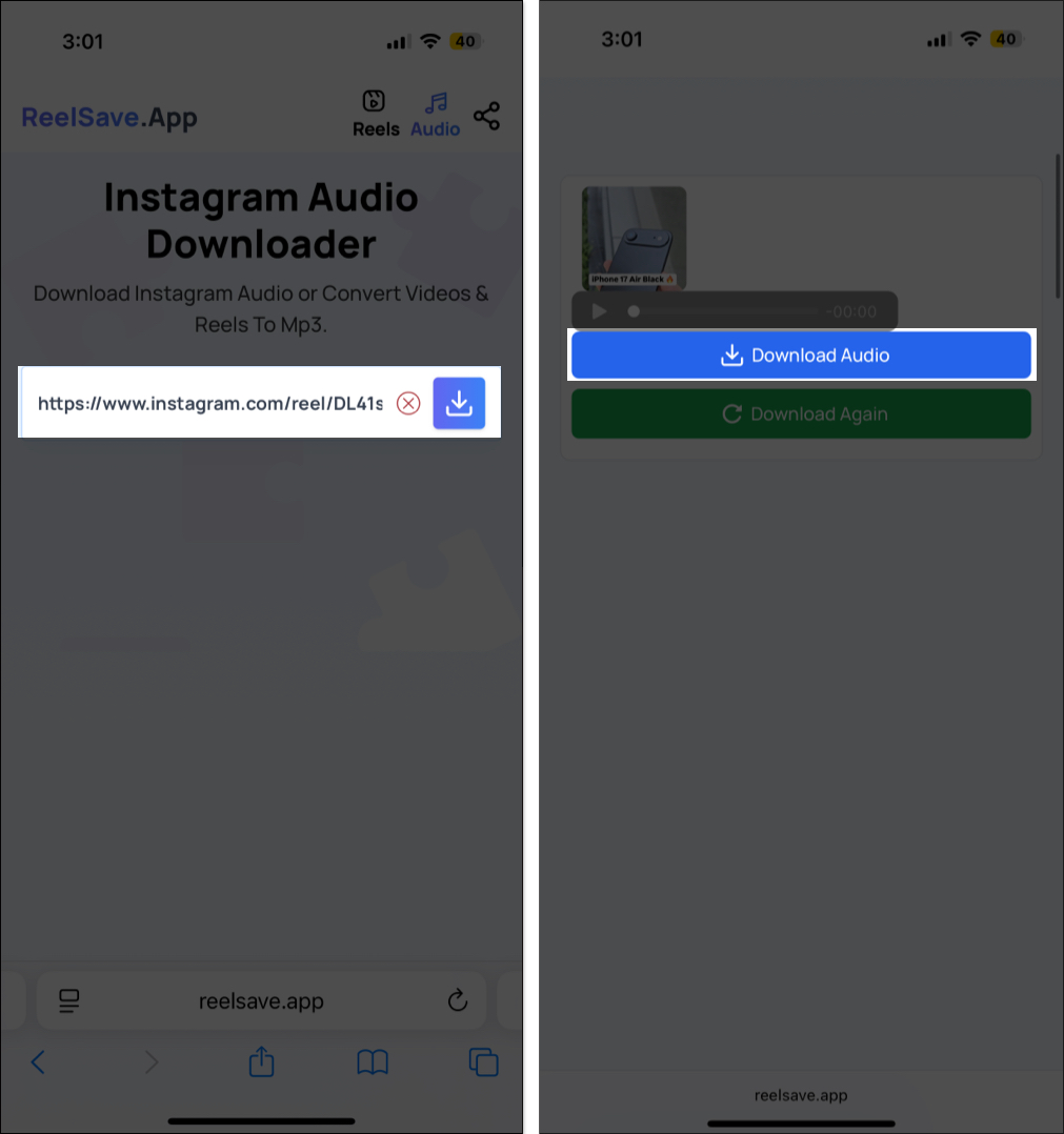 Enter link and download Instagram reel audio using third party app