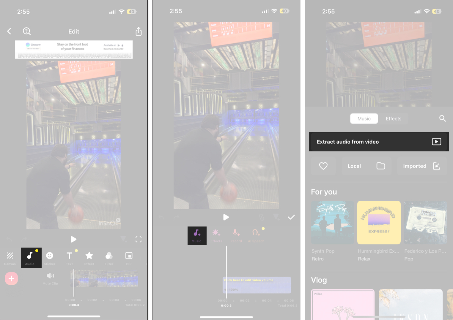Find extract audio option in Inshot app