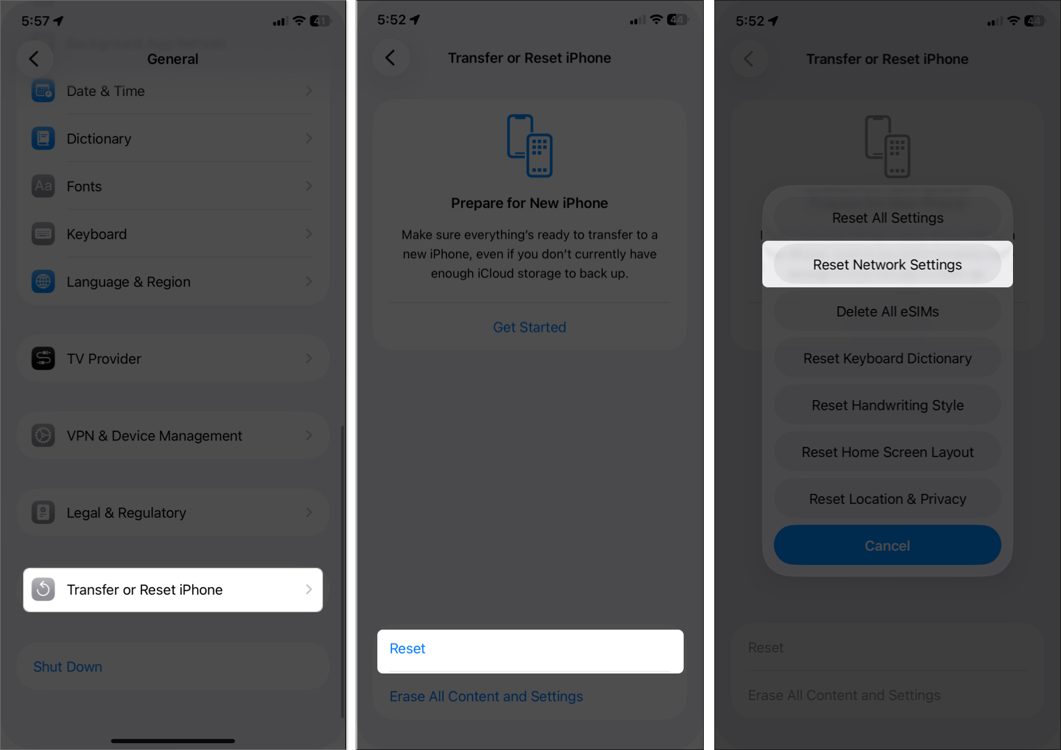 Find reset network settings on iPhone