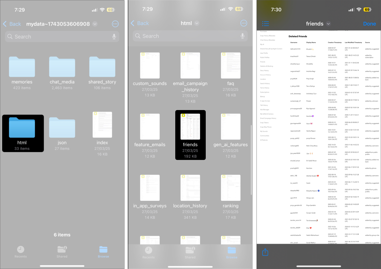 List of friends you have recently unadded on Snapchat