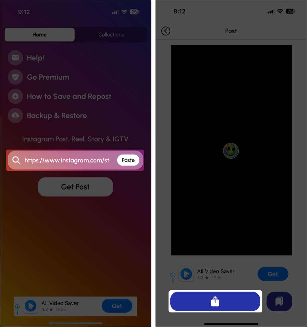 Now open InSaver app and paste link and tap on share icon