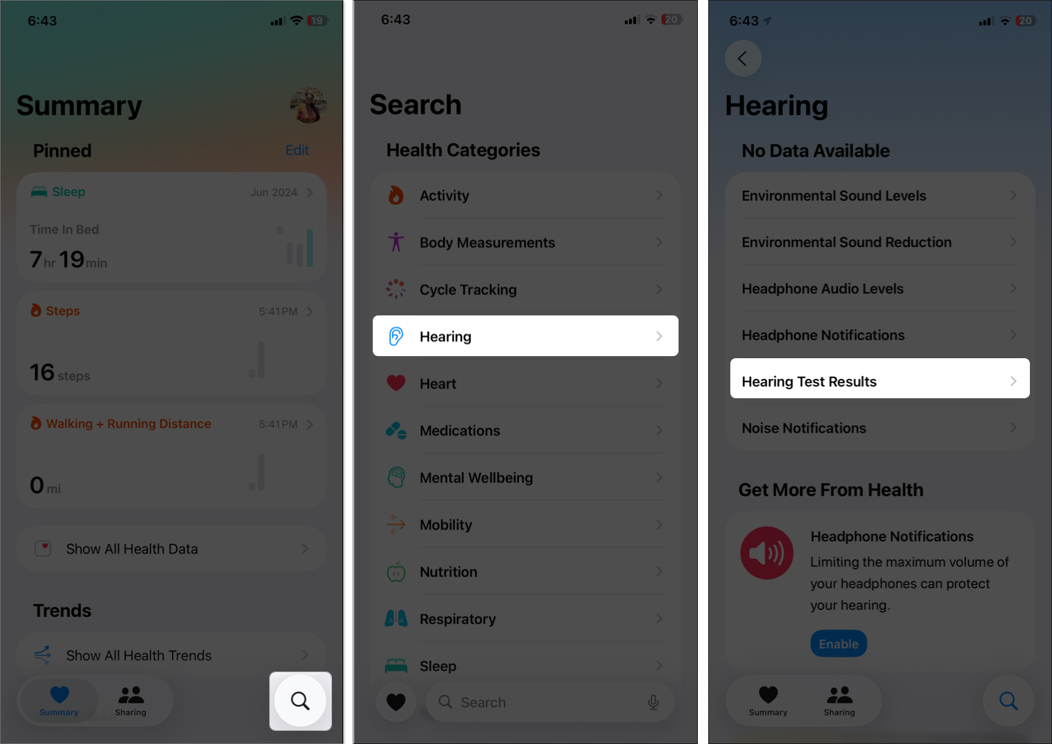 Open hearing settings on Health app