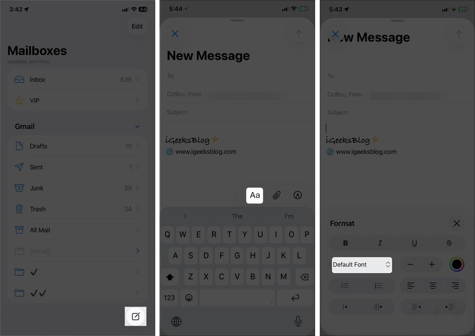 Open toolbar in the mail app on the iPhone