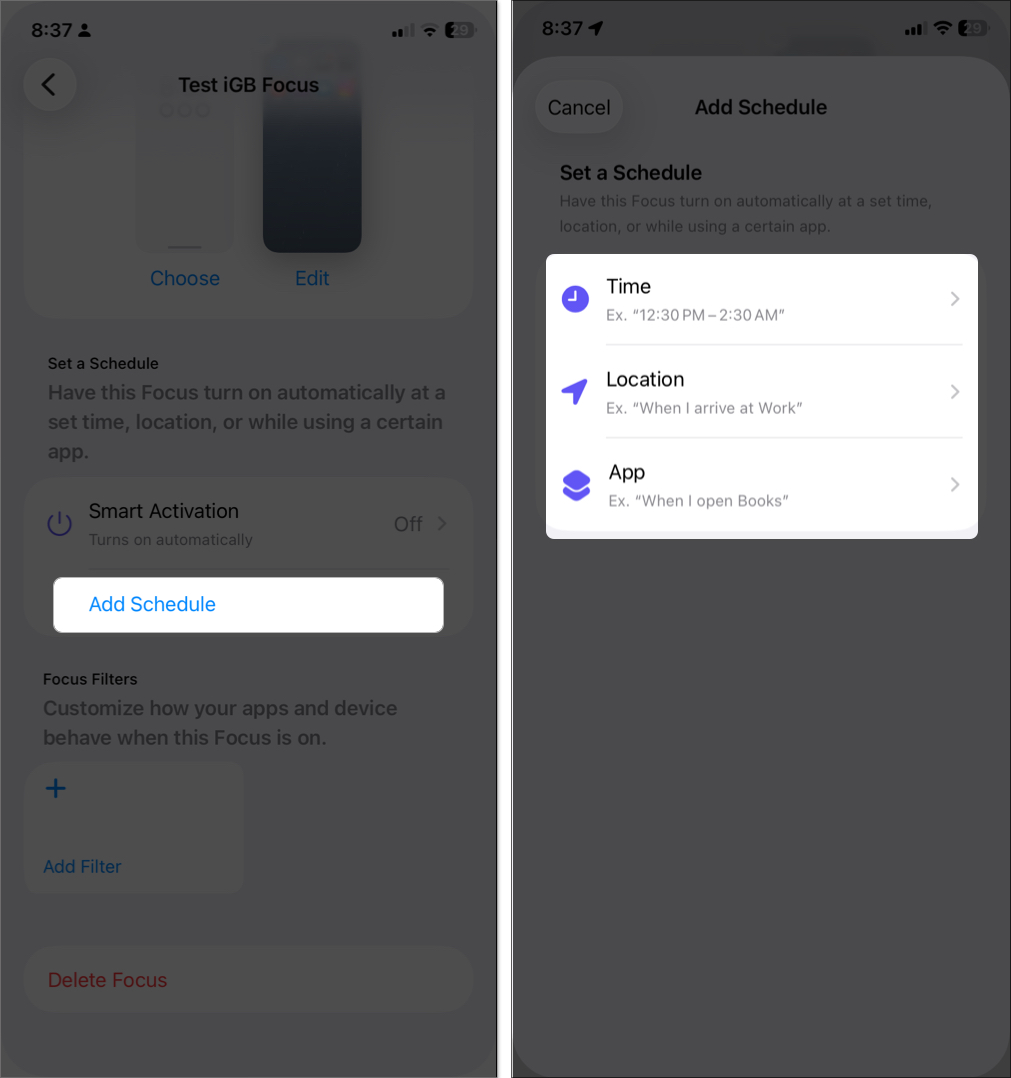 Schedule focus mode on iPhone