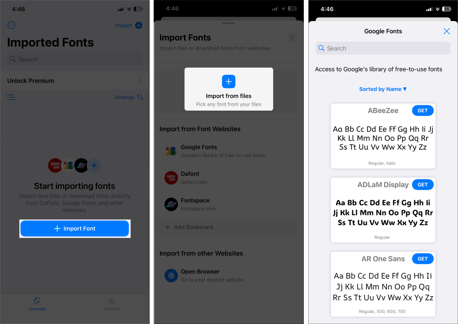 Select Import from files in the iFont app