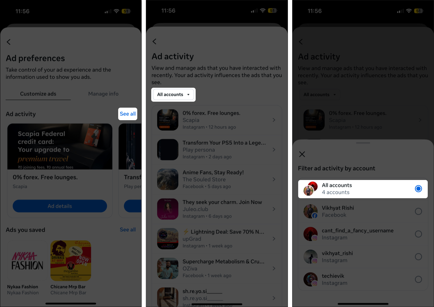 How to See Ads You’ve Viewed on Facebook and Instagram Select Instagram account to view recent ad activity