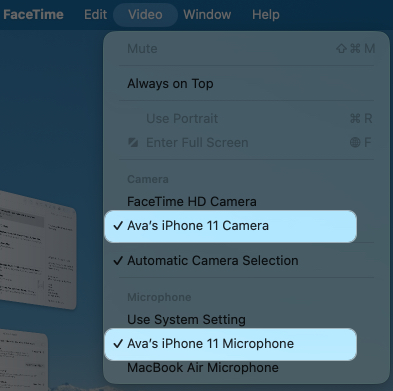 Select iPhone camera and microphone from video menu