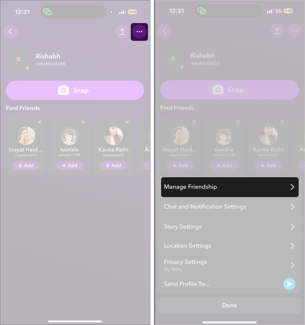 Tap on three dots and select manage friendship option
