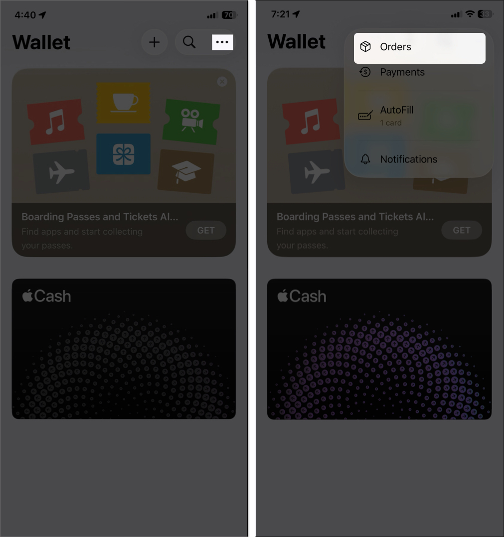 Tap the three dot button and select orders