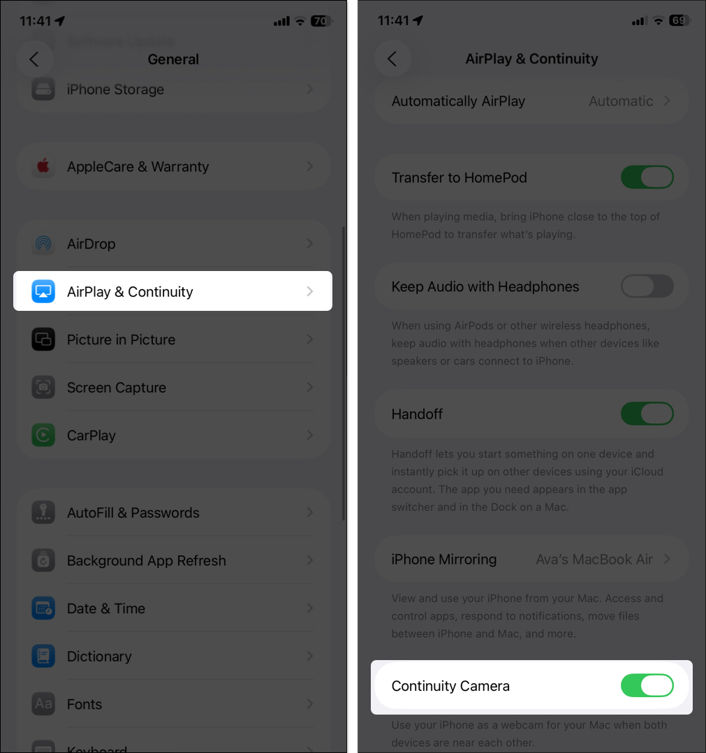 Toggle on continuity camera on iPhone settings