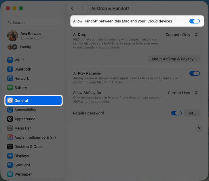 Toggle on handoff settings on mac