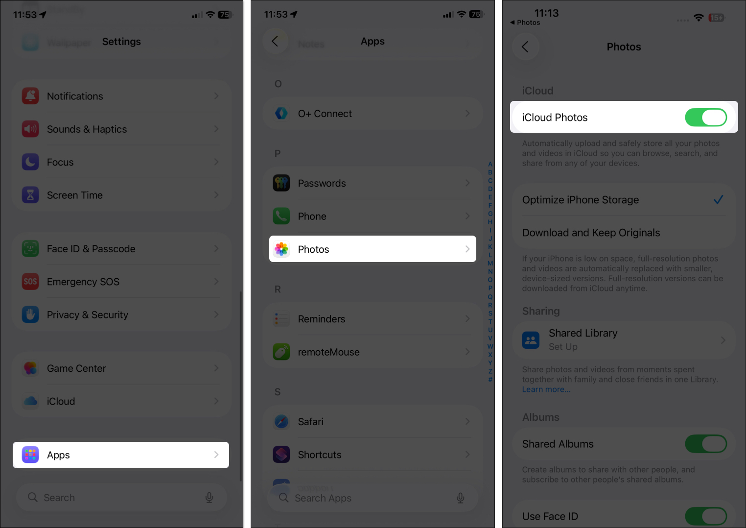 Toggle on iClouds photos from iPhone settings