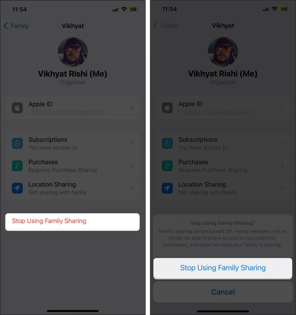 Select-Stop-Using-Family-Sharing-and-Confirm it again by tapping on Stop Using Family Sharing