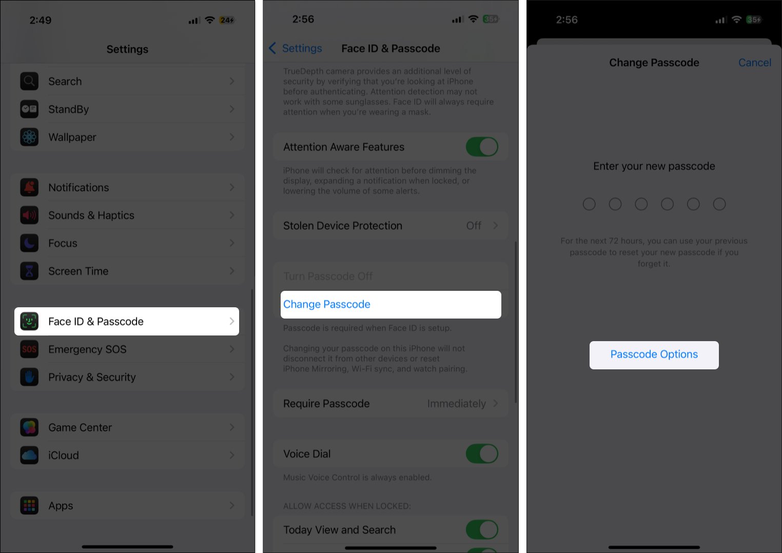 Access change passcode option in iphone settings