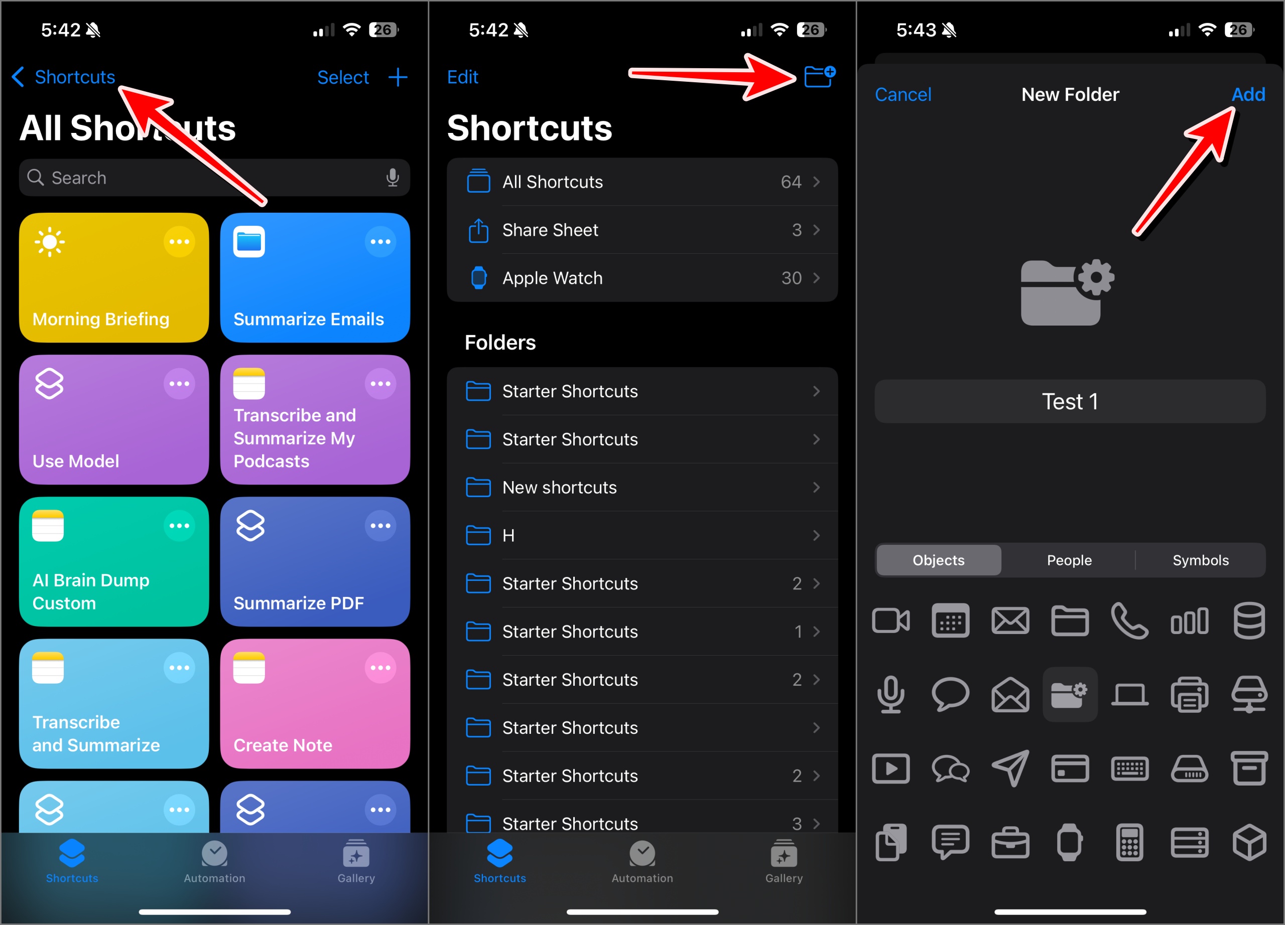 Add folders in shortcuts app