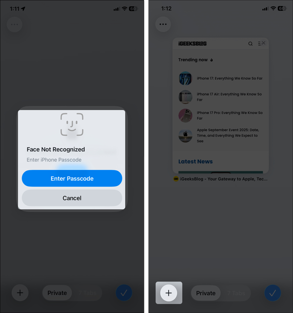 Enter passcode to unlock private tabs on Safari