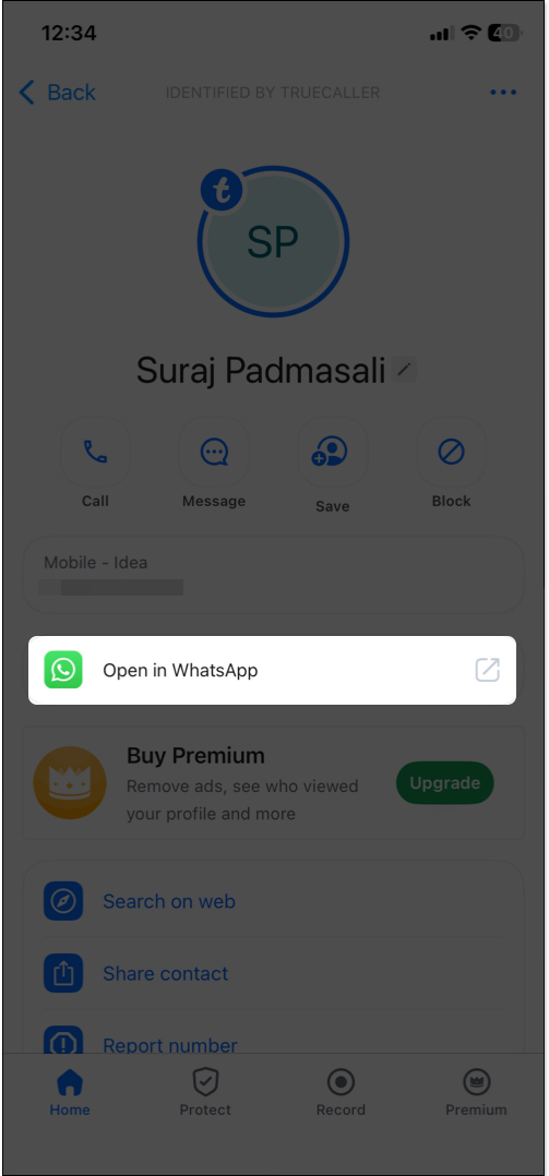 Get an option for open in WhatsApp in contact details on Truecaller